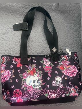 Ed Hardy Black Tote with Pink & Red Floral Skull Print